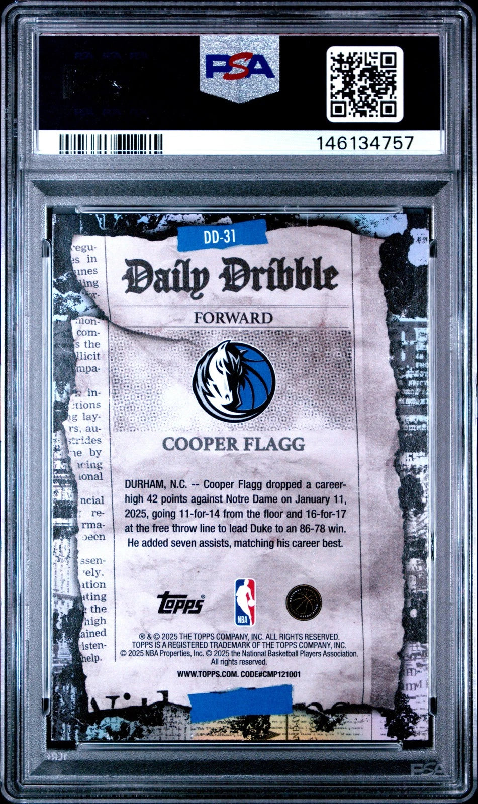 2025 TOPPS THE DAILY DRIBBLE #DD-31 COOPER FLAGG ROOKIE RC PSA 9