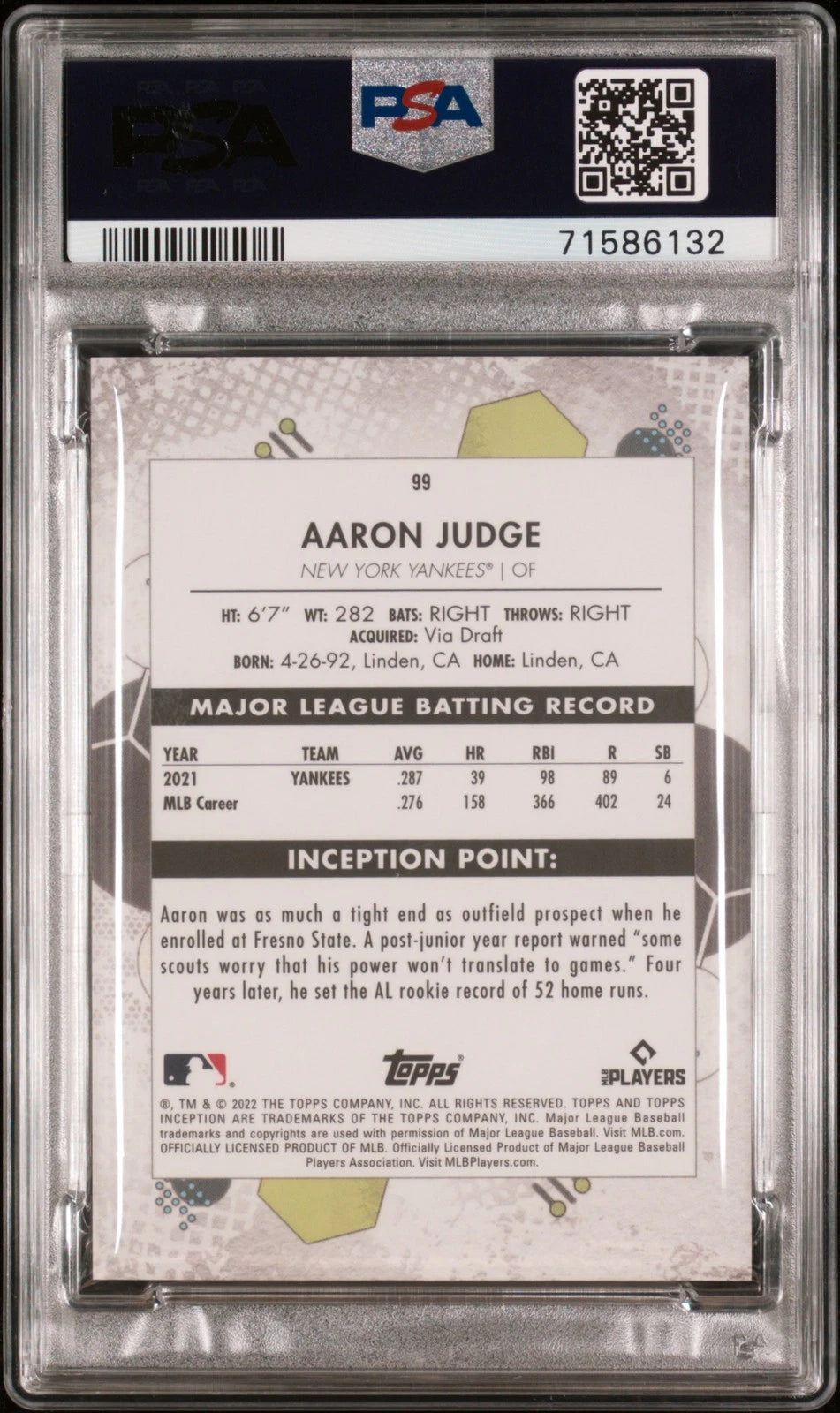 2022 TOPPS INCEPTION #99 AARON JUDGE PSA 10